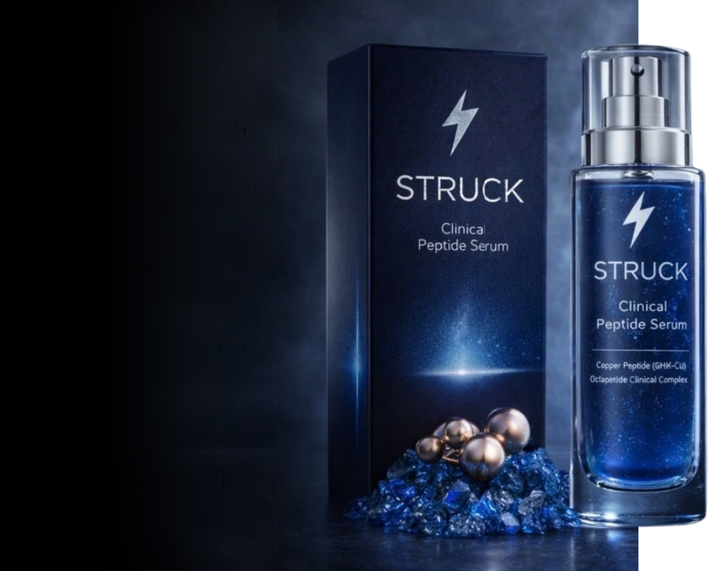 Product Image a Bottle and Package of Struck Clinical Peptide Serum