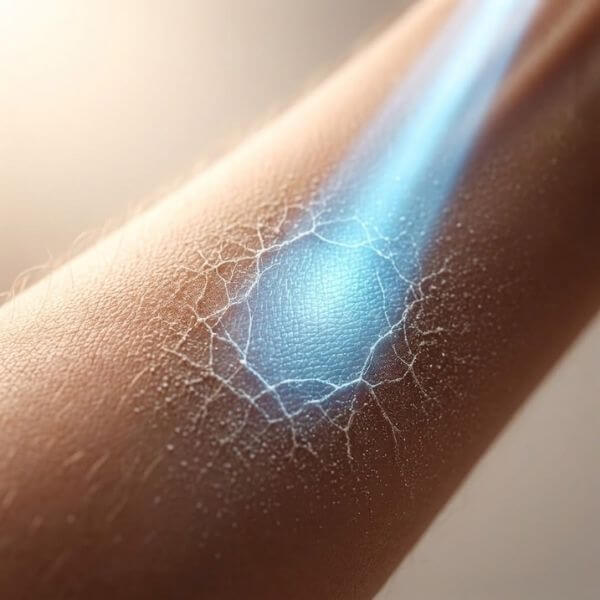 healthy human forearm skin with subtle specs of clinging mineral dust, highlighted by a focused cool blue light