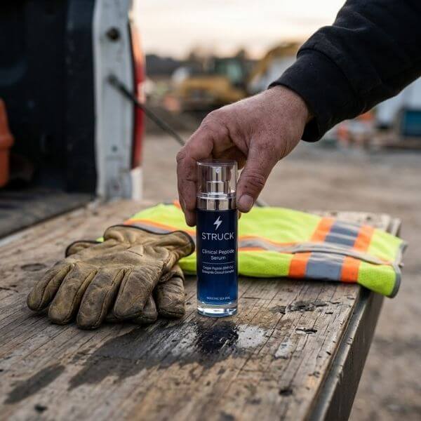 a hand setting down a STRUCK serum bottle onto an oil-stained wooden utility surface next to rugged leather work gloves and a safety vest