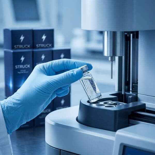 a hand in a nitrile glove holding a sample vial of STRUCK serum, inserting it into an automated analysis machine