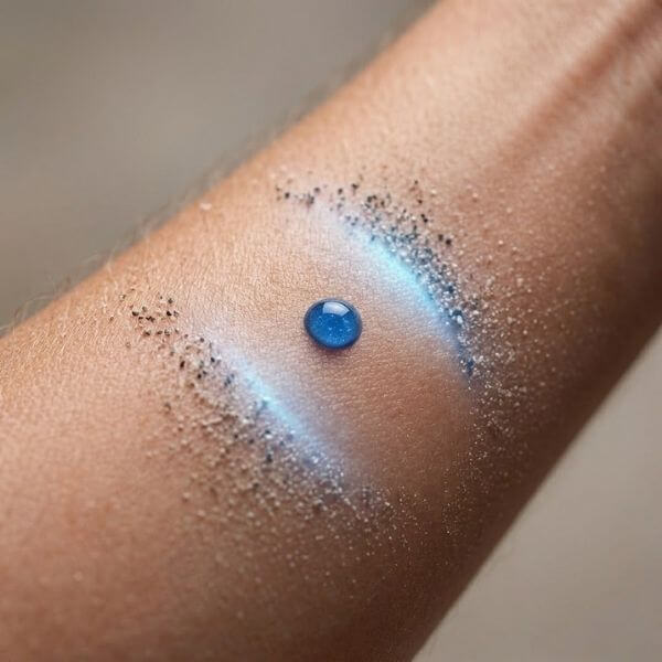 healthy forearm skin with minimized mineral grit where a single blue STRUCK serum droplet was applied