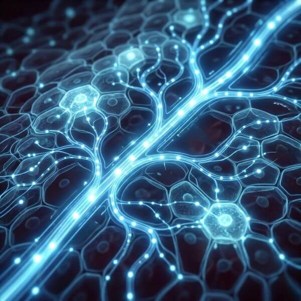 Microscopic conceptual visualization of prioritized, organized skin cell matrix structures glowing with cool blue signaling pulses