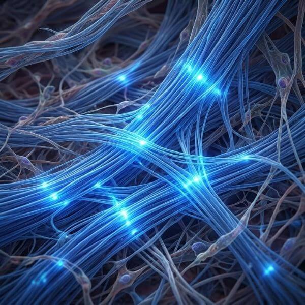 Microscopic conceptual visualization showing organized, dense layers of reinforced collagen fibers deep in the skin, glowing with blue structural priority signaling